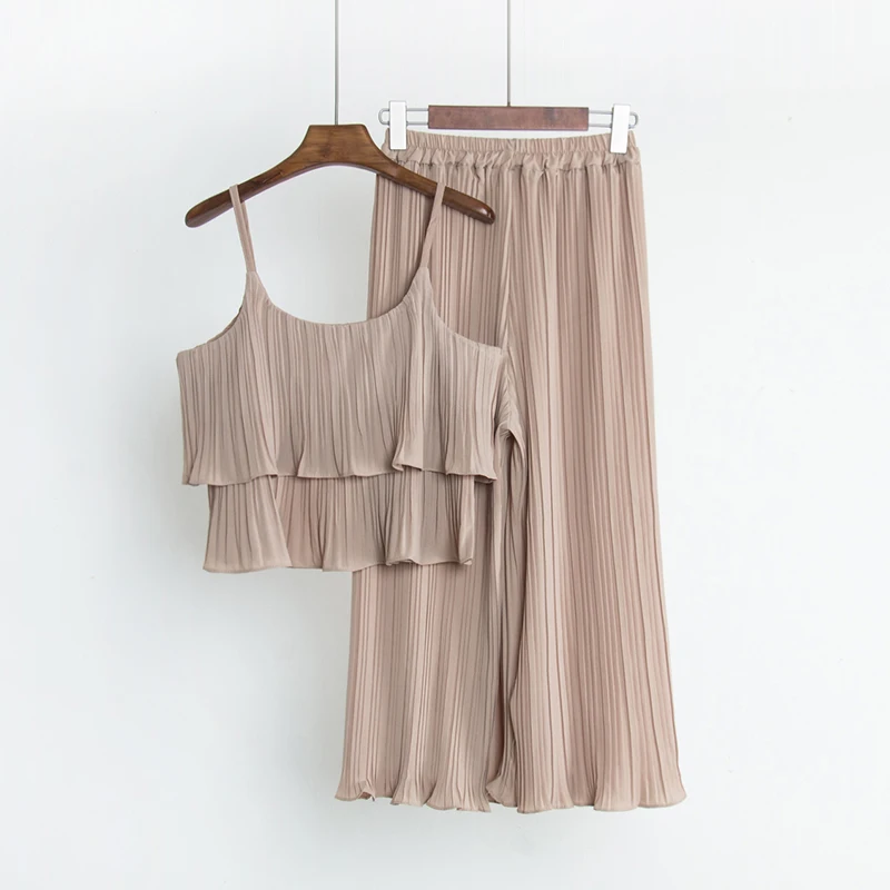 Летние модные женские комплекты 2019 Новый однотонный плиссированный комплект из 2