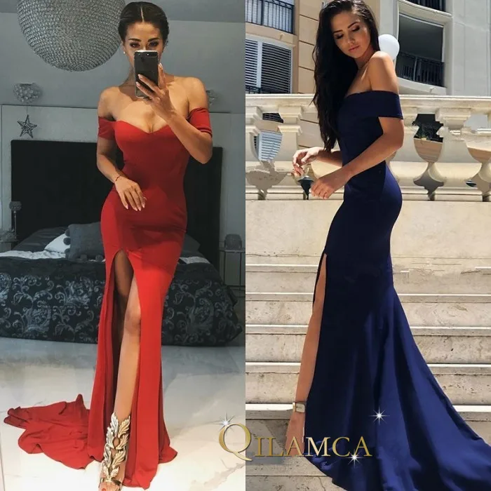 Женское атласное вечернее платье с разрезом и открытыми плечами Robe De Soiree 2018 |