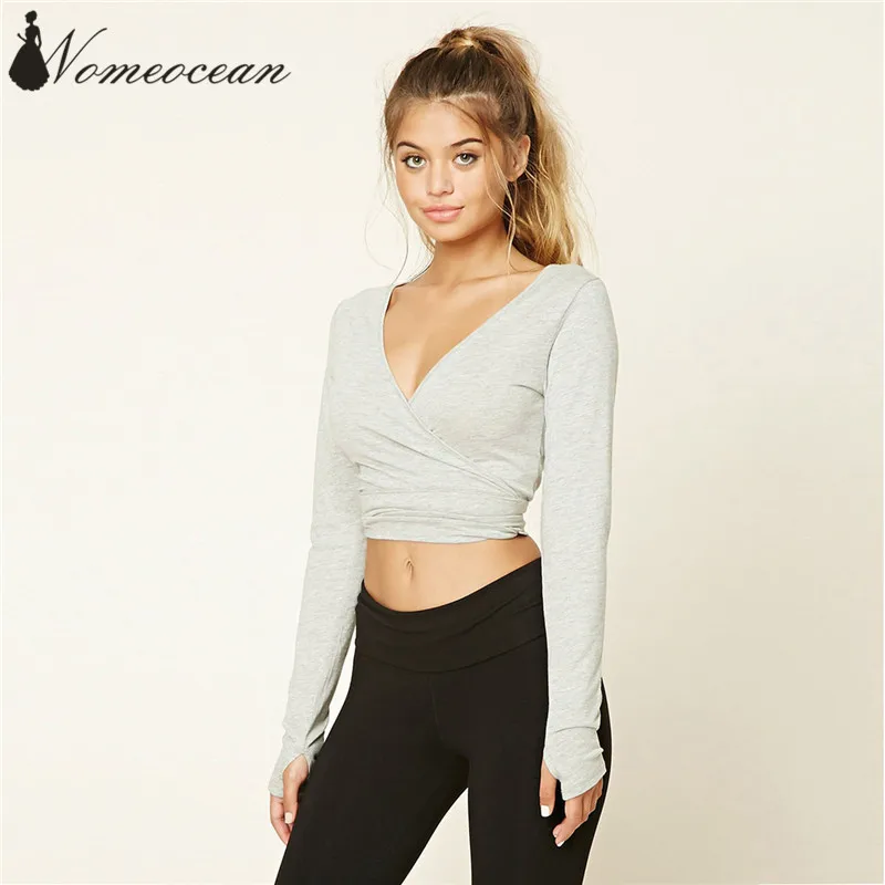 Crossed V-neck Crop Tops Casual T-shirt 2017 Autumn Long Sleeve With Finger Holes Basic Tee Short Women M17111414 | Женская одежда