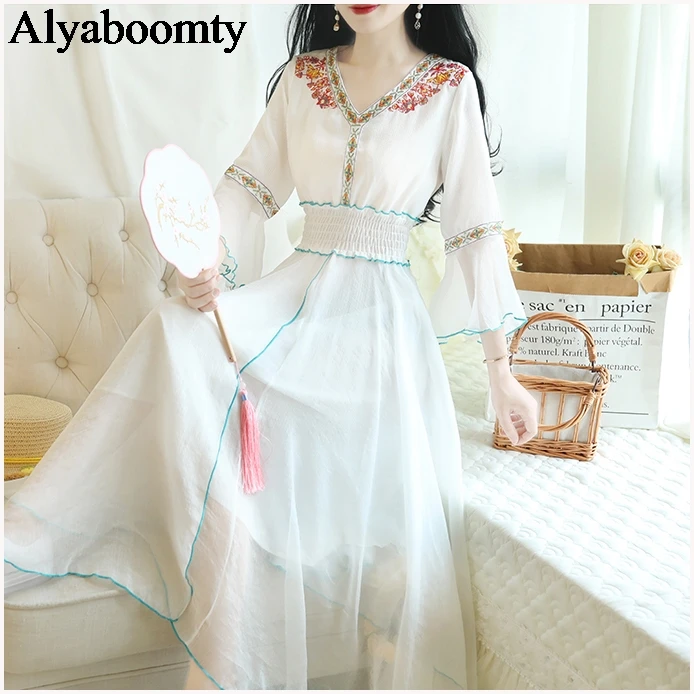 Корейский стиль летнее женское длинное белое платье с v образным вырезом