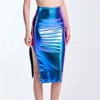metallic color pu sexy midi skirts women laser holographic side slit skirts midi summer streetwear high waist party club skirt