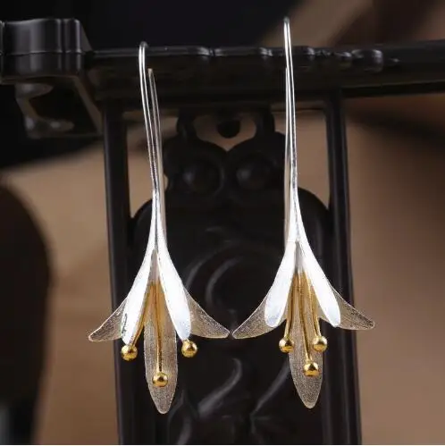 New 1 pair 925 Sterling Silver Long Flower Earrings For Women Design Lovely Girl Gift Statement Jewelry | Украшения и аксессуары