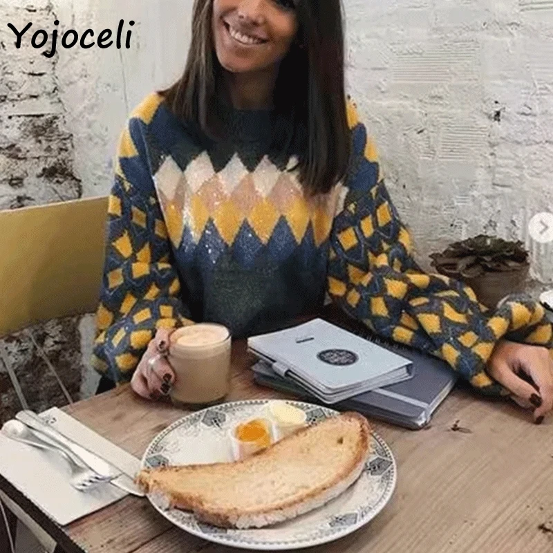 Yojoceli/теплый зимний свитер вязаный с блестками Женские топы длинными рукавами и