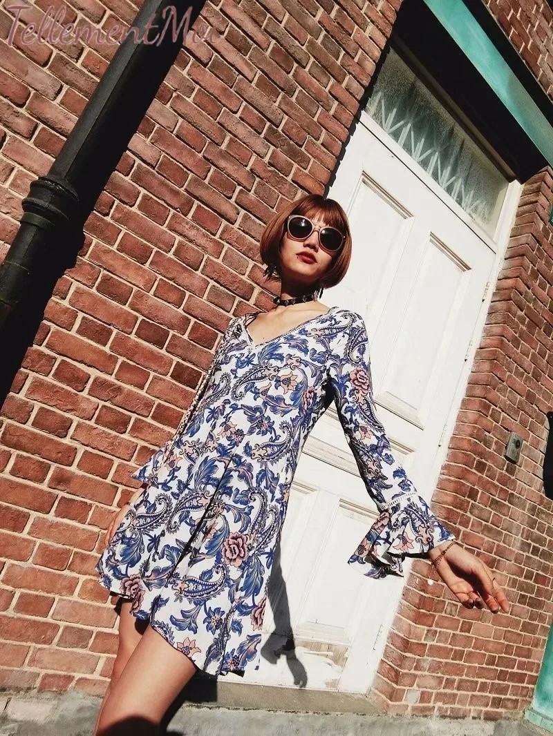 Boho Lace Dress Women's Floral Print Flowy Dresses V Neck Flare Sleeve Female Holiday Beach Summer Casual Short Mini |