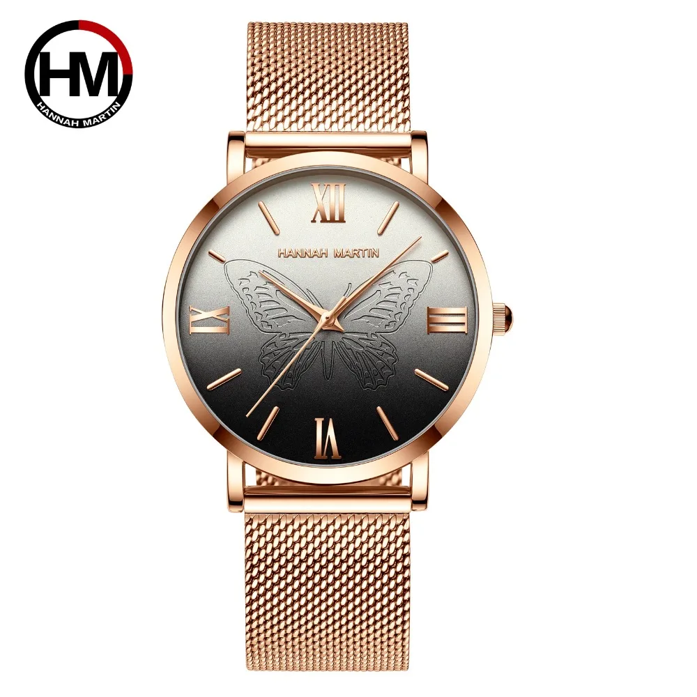 

Hannah Martin Luxury Women Watches Waterproof Steel Mesh Quartz Wristwatch Butterfly Elegant Ladies Dress Watch Clock Free Box