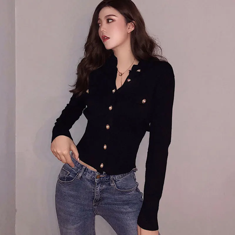 Long Sleeve Slim Knit Cardigan Sweater Women Single-Breasted Turtleneck Pocket Solid High Street Ladies Tops Cotton Coat Autumn |