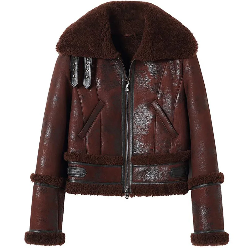 Denny&Dora Women's Leather Winter Warm Short Shearling Jacket Motorcycle Leather Fur Jacket