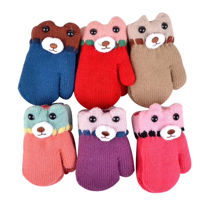 Bear Winter Baby Gloves Cartoon Warm Kids Mittens Knitted Cotton For Girls Boys Crochet Accessories | Детская одежда и обувь