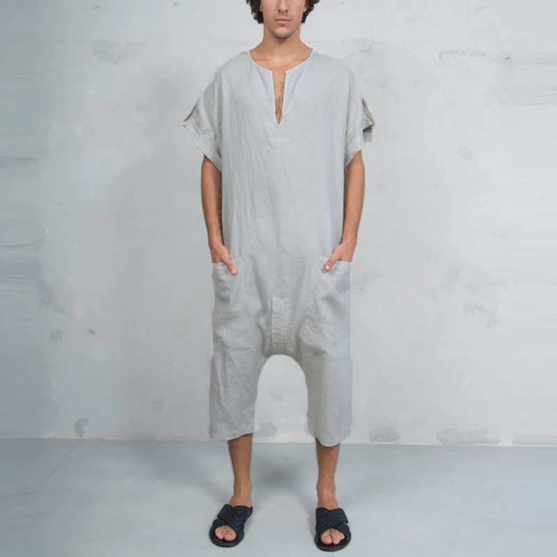 Light Grey Ethnic Islamic Rompers Mens Jumpers Fashion Jumpsuits V Neck Muslim Islamic Kaftan Overalls Working Pockets Trouser Coveralls - Цвет: Light Grey