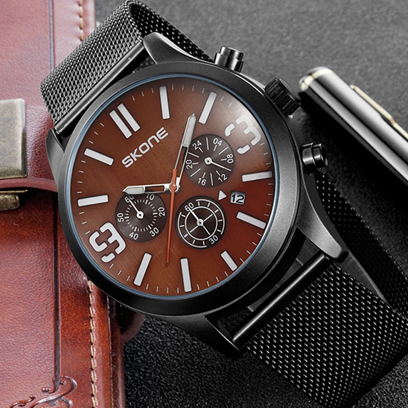 SKONE Марка Для мужчин часы простое платье кварцевые Мужчин стальной сетки ремешок