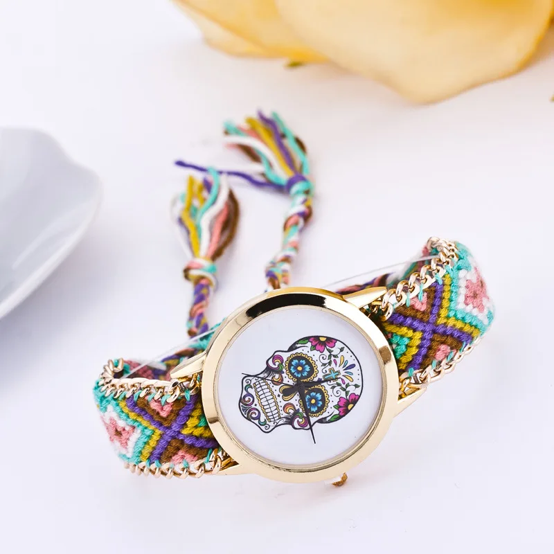 Женские кварцевые наручные часы DIY с черепами и разноцветными тканевыми