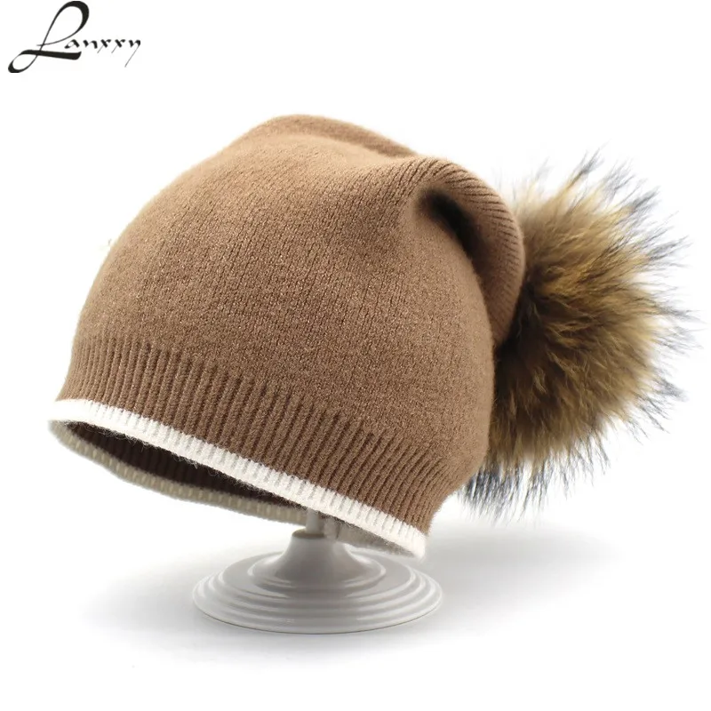 

Lanxxy 2018 New Winter Hats for Women Wool Knitted Beanies Hat Real Fur Pompom Hats Female Warm Skullies Caps Gorro Bonnet