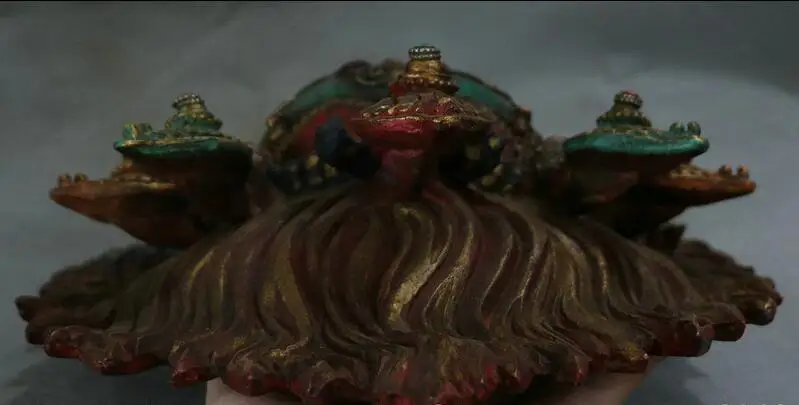 Тибет с драгоценным камнем бирюза Gilt Mahakala гнев головы божества ящерица маска