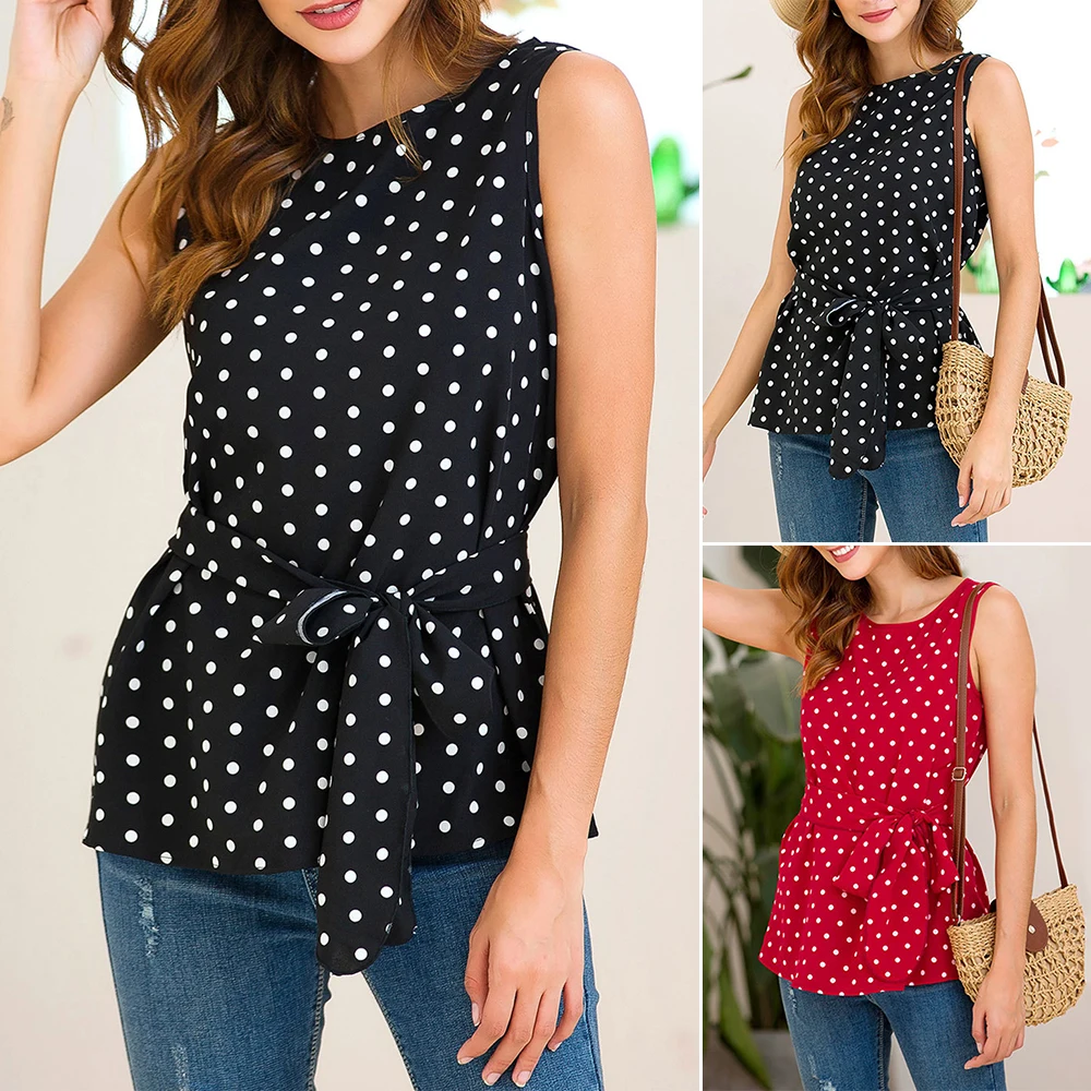Womens Tops Ladies Blouse Office Summer Waistbelt Casual Work Round Neck Slim Fit Sleeveless Polka Dots Lace Up |