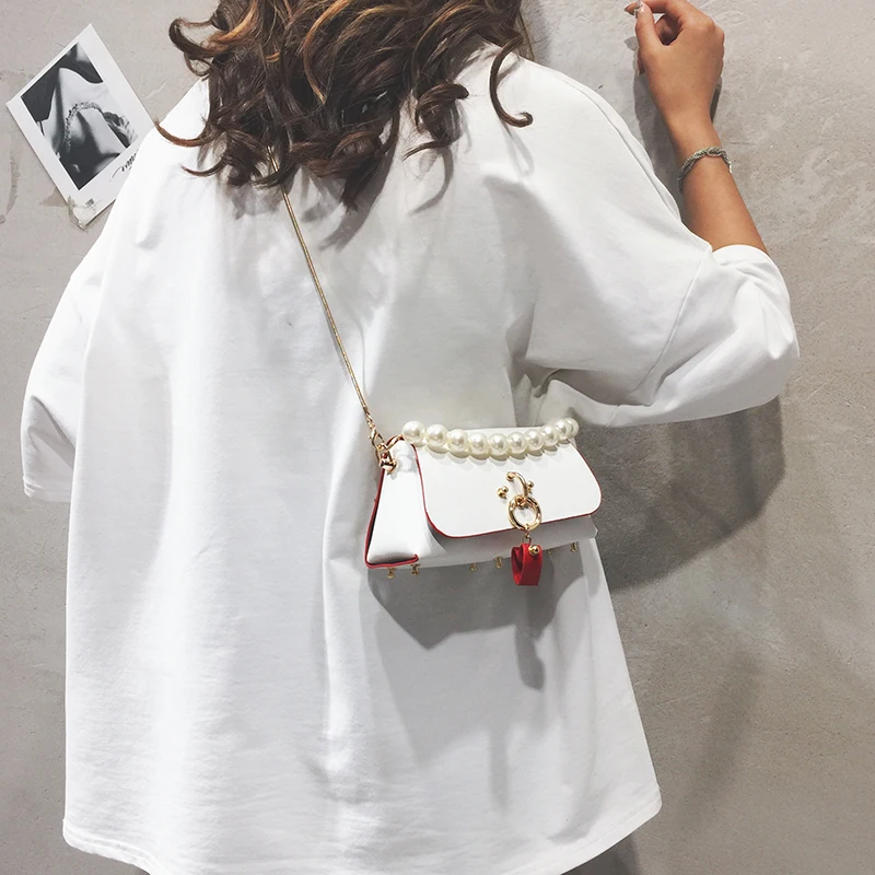 White large Элегантная Женская Мини жемчужная сумка модная новая качественная кожаная женская дизайнерская сумка с замком на цепочке сумка через плечо - Цвет: White large