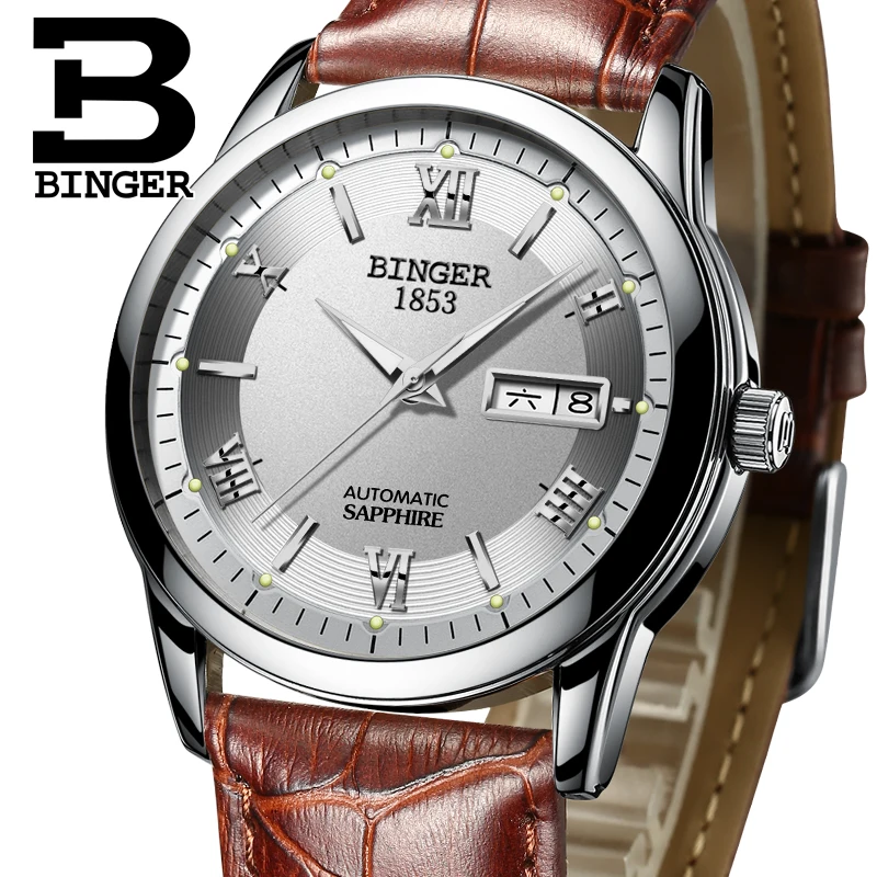 Switzerland watches men luxury brand Wristwatches BINGER luminous Mechanical leather strap Waterproof BG-0383-12 | Наручные часы
