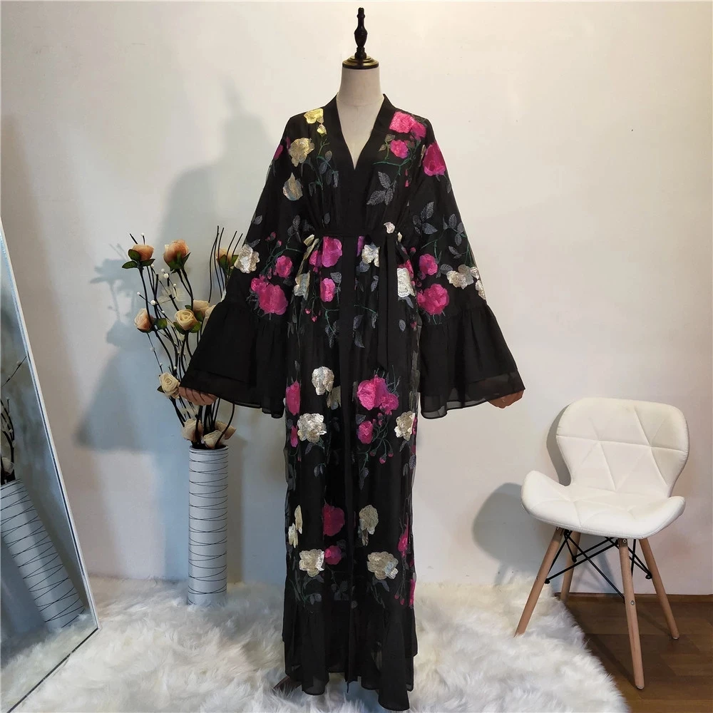 Женский кардиган с цветочным принтом Abaya мусульманское платье макси оборками и