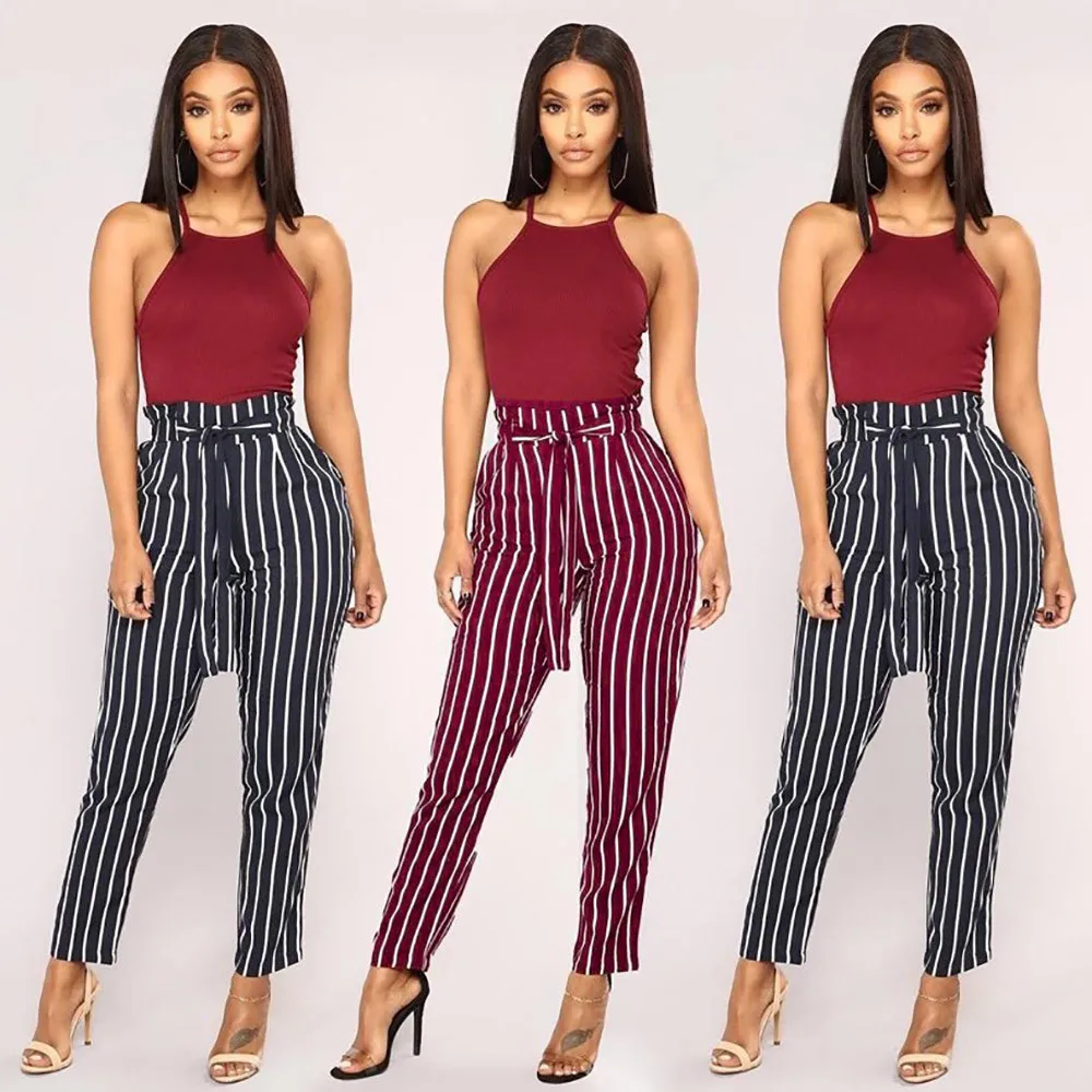 

2019 New Striped OL High Waist Harem Pants Bow Elastic Waist Stripe Casual Pants Female Tousers Elegant Ladies Streetwear z0722