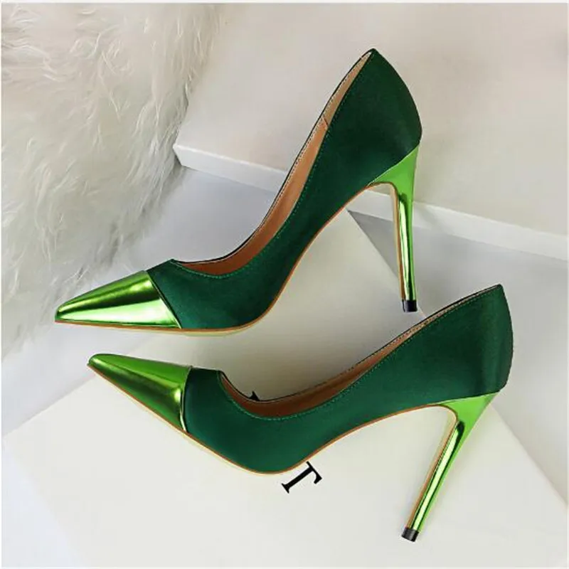 Женские атласные туфли лодочки Tacones на высоком каблуке 10 см синие и зеленые День