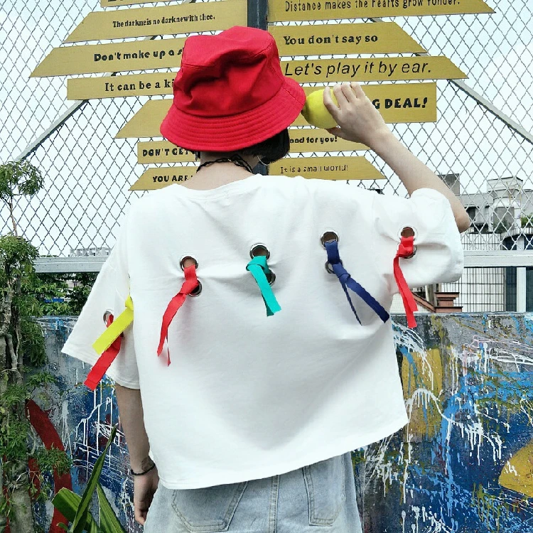 Женская летняя одежда футболки Harajuku корейский стиль обруч Письмо печатная лента