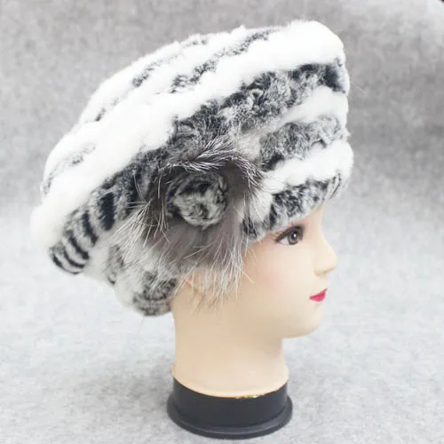 gray and white Повседневные женские береты из натурального меха кролика Рекс, зимние теплые шапки из меха кролика Рекс, женские вязаные Эластичные Цветочные шапочки - Цвет: gray and white