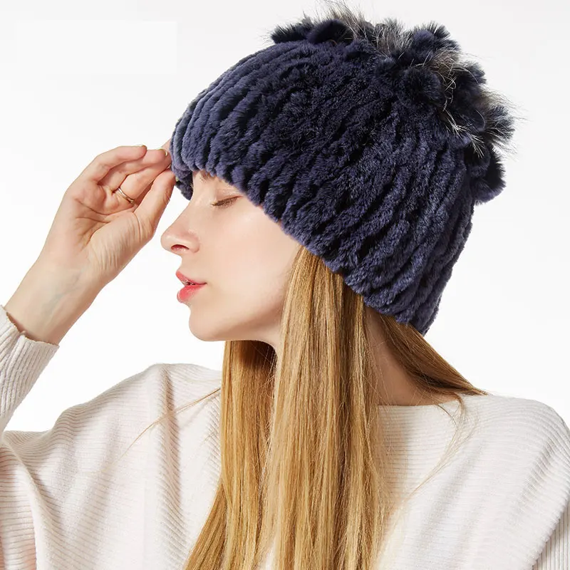 Новинка, зимняя женская шапка,, настоящий мех кролика, skullies& beanies, женские вязаные шапки, зимняя шапка для женщин, толстая шапочка для девочек - Цвет: color 17