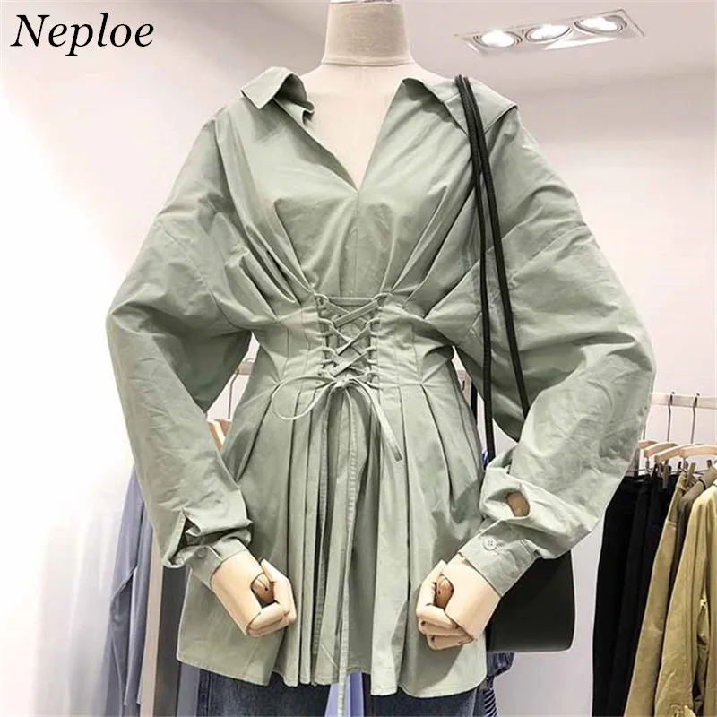 Neploe два способа носить на шнуровке Для женщин рубашки длинный тонкий Ruched модная