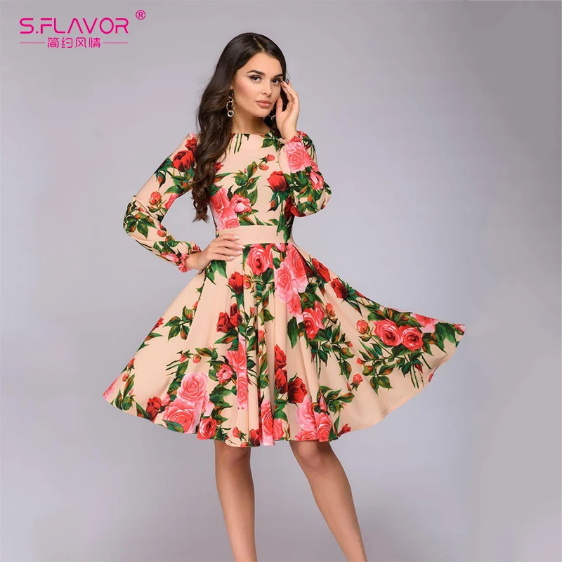 S. FLAVOR женское платье с длинным рукавом и цветочным принтом повседневное