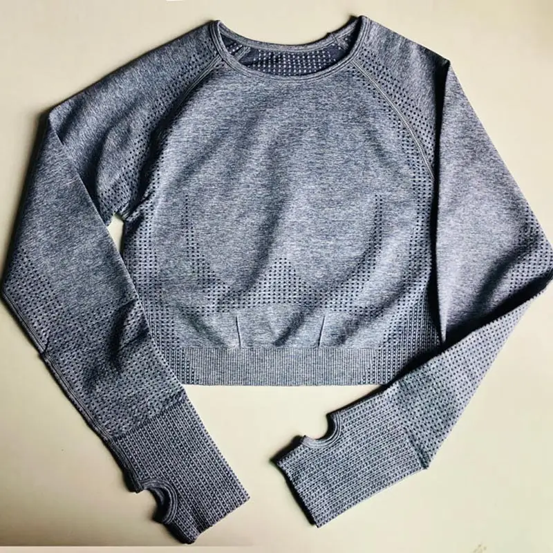 grey blue Vital бесшовный топ для йоги с длинным рукавом, топы для тренировок для женщин, укороченный топ для фитнеса, тренажерного зала, Спортивная рубашка для женщин, спортивная одежда для активного отдыха - Цвет: grey blue