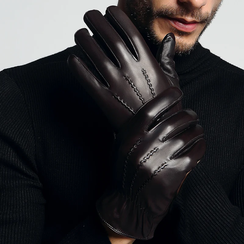 Перчатки мужские из натуральной кожи модные трендовые Теплые черные коричневые