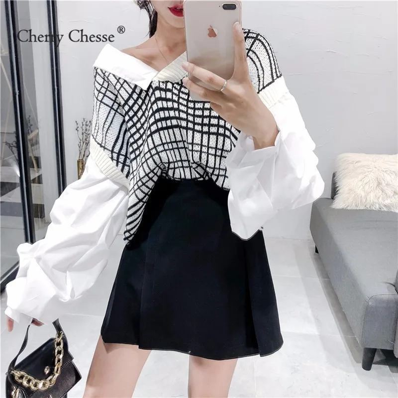 Cherry Chesse Harajuku Лоскутная клетчатая блузка с пышными рукавами Асимметричный Топы