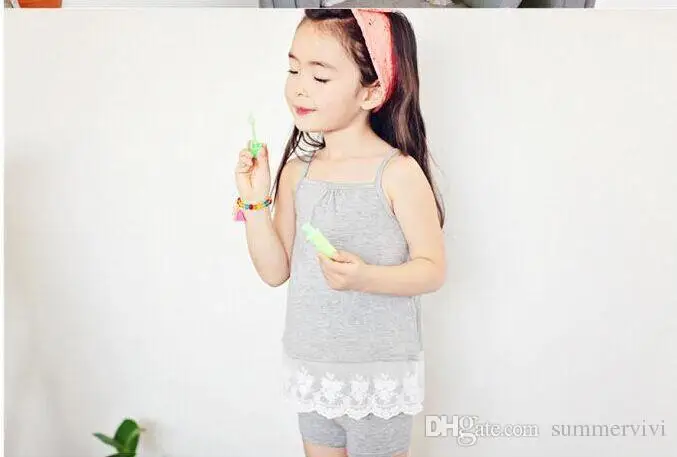 Fashion Europe and America style children outfits Suits grils sleeveless camisole lace tops+Pure color shorts 2pcs sets kids clo |