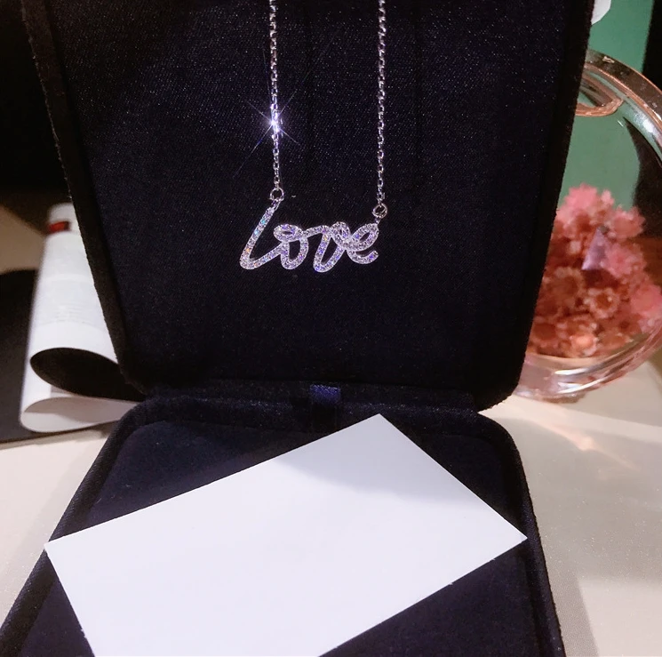 Necklace Love Imitation Silver Chain Letter Personality Clavicle 925 Sterling Paved White Cubic Zirconia Necklaces | Украшения и