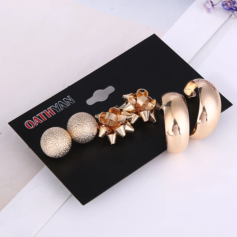 3 пар/компл.. Модный комплект из сережек-гвоздиков золотого и металлического