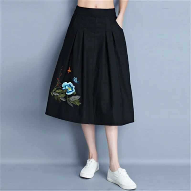 Вышивка Faldas Mujer Moda новинка элегантные винтажные с принтом А-силуэта Инди фолк хлопок лен Harajuku этнические модные юбки для женщин - Цвет: 6819-black