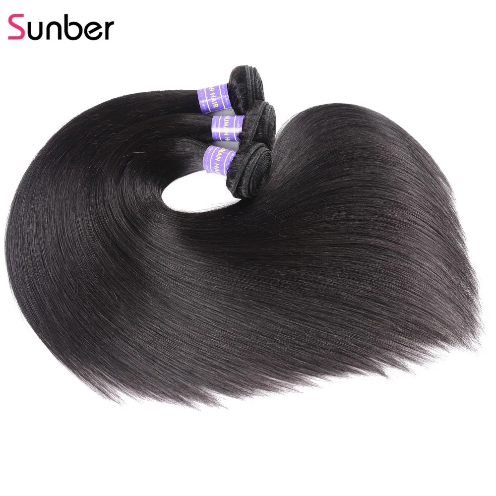 SUNBER HAIR высокое соотношение Remy перуанские прямые волосы 3 пряди с закрытием 4x4 дюймов швейцарское кружево часть закрытие