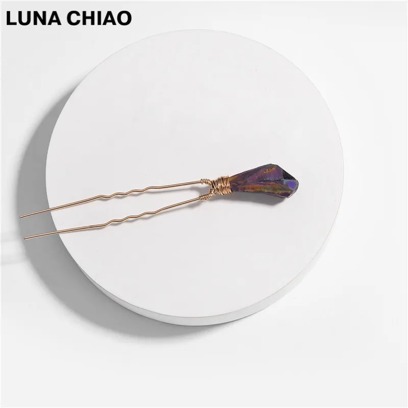 LUNA CHIAO, модные аксессуары для волос, натуральный кварцевый камень, Ювелирное Украшение, шпильки для волос, модные женские палочки для волос - Окраска металла: Purple