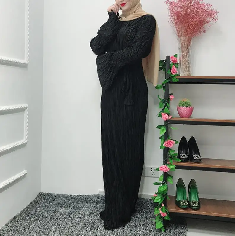 Black dress Плиссированные шифоновая абайя мусульманское платье хиджаб Восточный халат из марокена восточный женский халат для Для женщин Рамадан сайт Tesettur Elbise исламский халат Костюмы - Цвет: Black dress