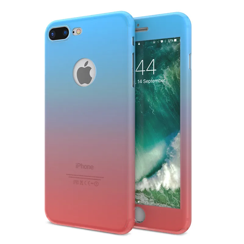 SEXY Newest Kisscase 360 градусов градиент Защитный чехол для iPhone 6 6 S 7 plus полный Для тела покрытие чехол для iPhone 6 S 7 Plus ракушками Капа чехол на айфон 6 7 6s Plus чехол чехол для телефона - Цвет: Blue Red