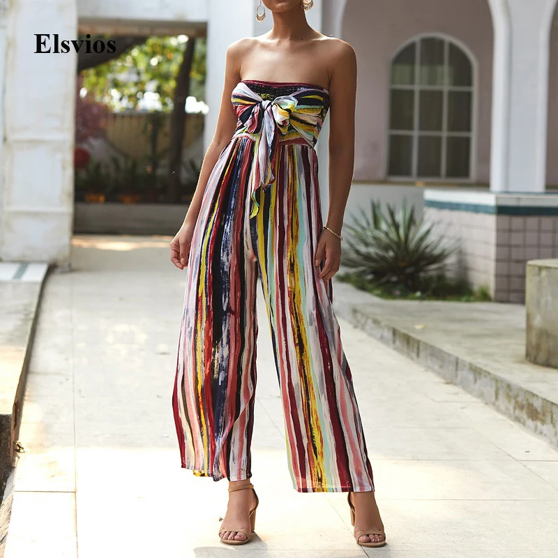 Elsvios сексуальный пляжный комбинезон в полоску Boho, летний женский комбинезон без рукавов с широкими штанинами, элегантный комбинезон с открытыми плечами и открытой спиной