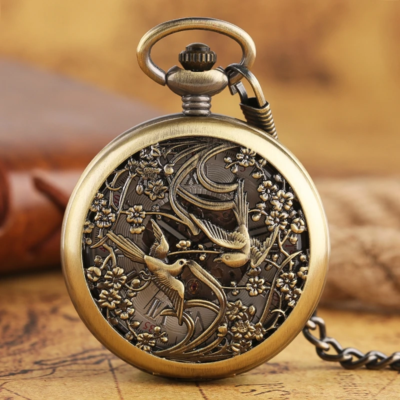 Vintage Magpie Skeleton Self Wind Auto Mechanical Pocket Watch Pendant Hollow Copper Men Women Bronze Fob Clock Gift Collection