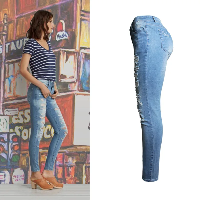 2018 women clothing casual fashion hole ripped tight elastic cotton jeans Female high waist skinny washed denim pencil pants 049 | Женская
