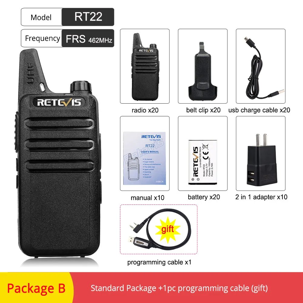 FRS RT22-Package B 20 шт дешево оптом RETEVIS RT622 RT22 рация PMR радио PMR446 FRS VOX портативная двухсторонняя рация - Цвет: FRS RT22-Package B