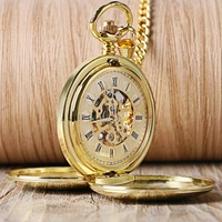 mechanical pocket watch hand wind roman numerals skeleton smooth face retro gold color fashion women men gift round fob clock