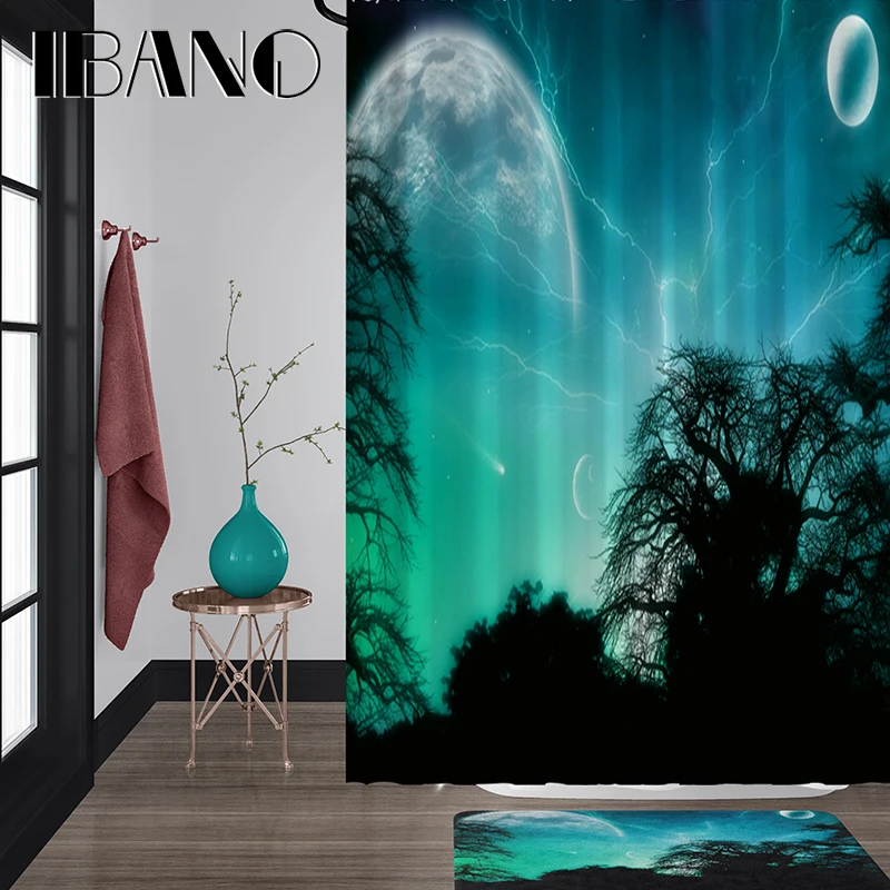 

IBANO Aurora Moon Shower Curtain Waterproof Polyester Fabric 180x180cm Bath Curtain 40x60cm Mat For The Bathroom Curtain