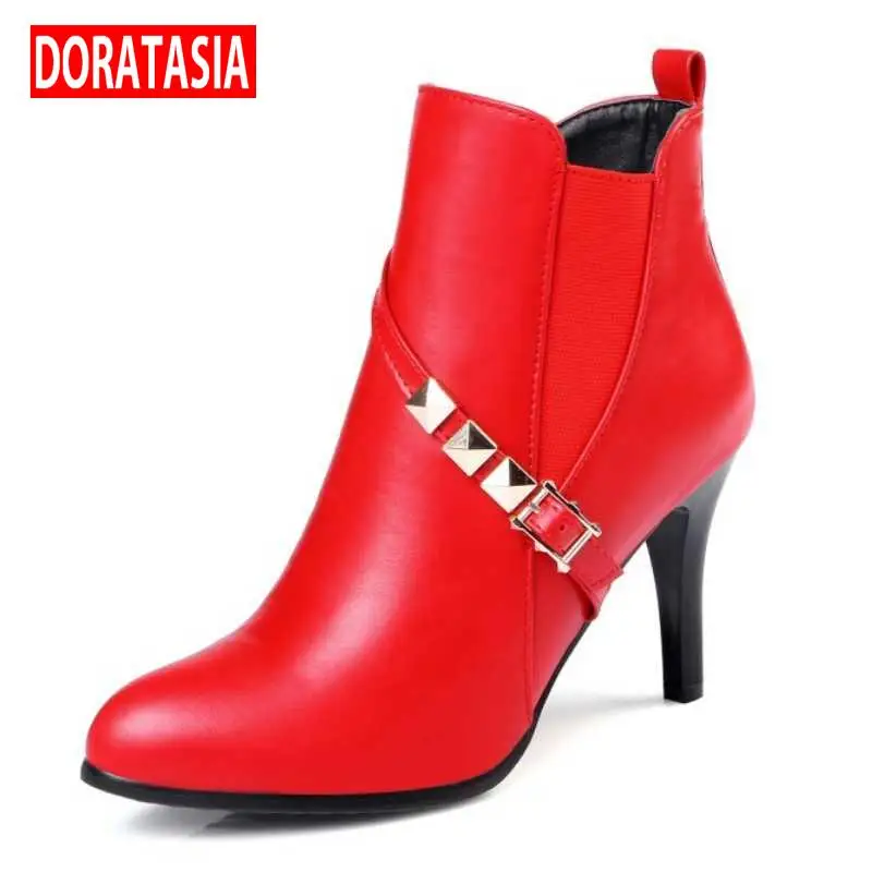 DoraTasia Большой Размер 34-43 Sexy Тонкие Высокие Каблуки Женщин Лодыжки сапоги 3 Цвета