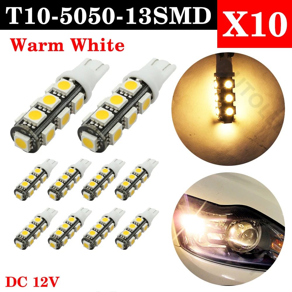 10 шт. теплый белый T10 Светодиодные лампы 13 SMD 5050 led W5W 194 168 Автомобильный источник
