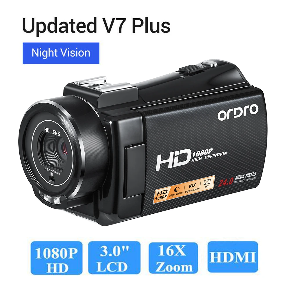 

[ Authorized Distributor ] Ordro V7Plus FHD 1080P 3 inch Touch Sceen 24MP 16X Zoom Night Vision DV Digital Camcorder HDV V7 Plus