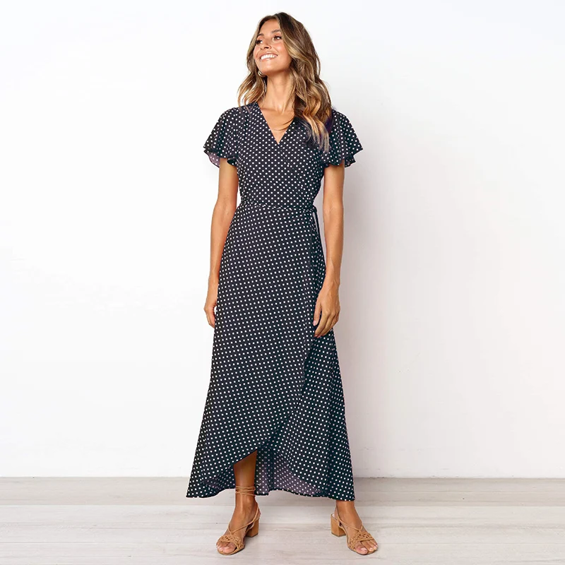 Женское платье в горошек летнее Бандажное с коротким рукавом и высокой талией