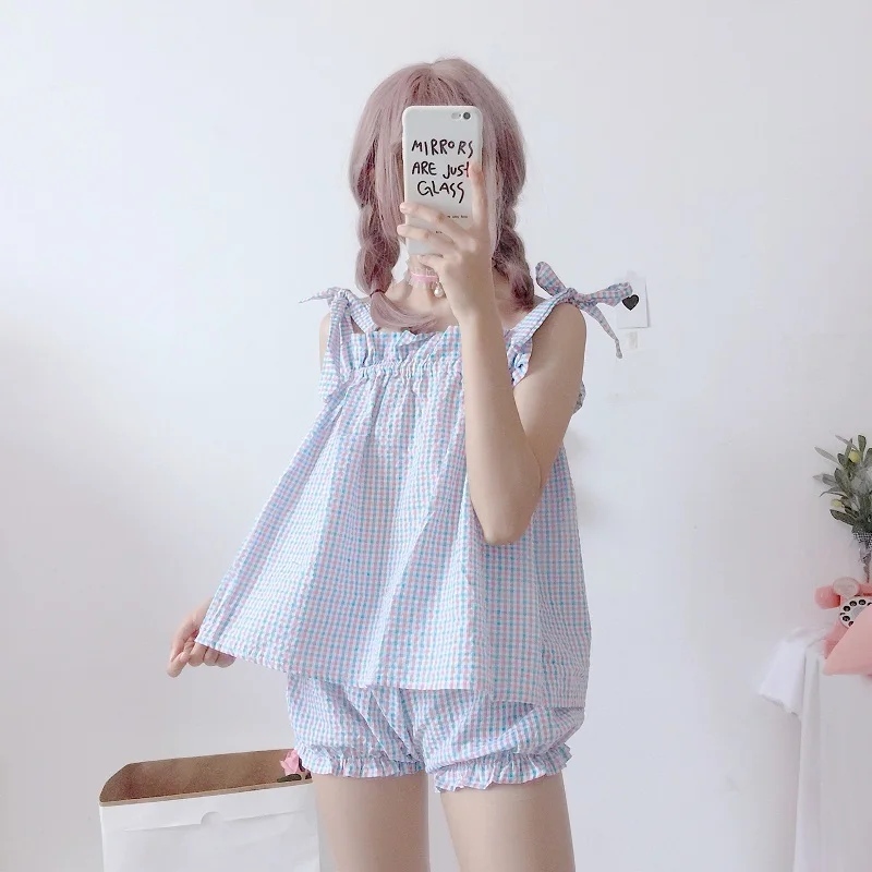 Летний кавайный женский костюм из двух предметов Harajuku милый топ с ремнем+ шорты домашний женский пижамный комплект